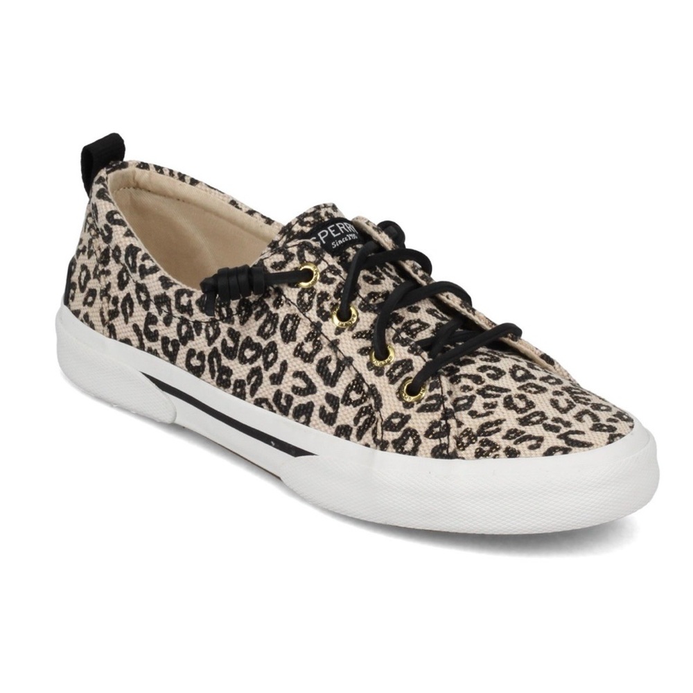 Sperry Top Sider Women’s 8 Casual Lace Up Canvas Sneakers Pier Wave Tan Leopard